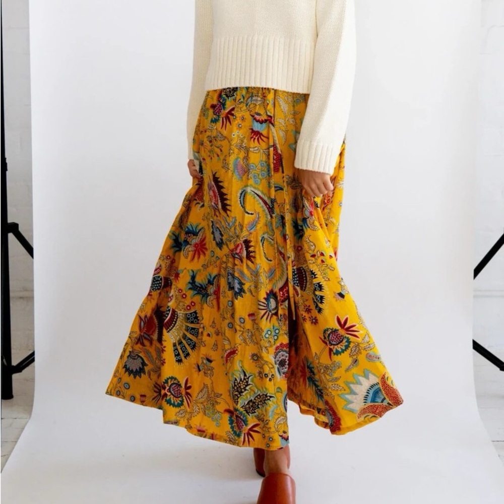 Fitzroy & Willa Smocked Waist Yellow Floral Paisley Maxi Skirt Women’s XL